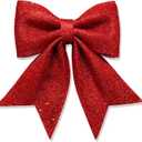 Large Red Glitter Ribbon Bow Tie Christmas Tree Party Decorations Xmas Decor Wreath Ornaments, 10" x 11"