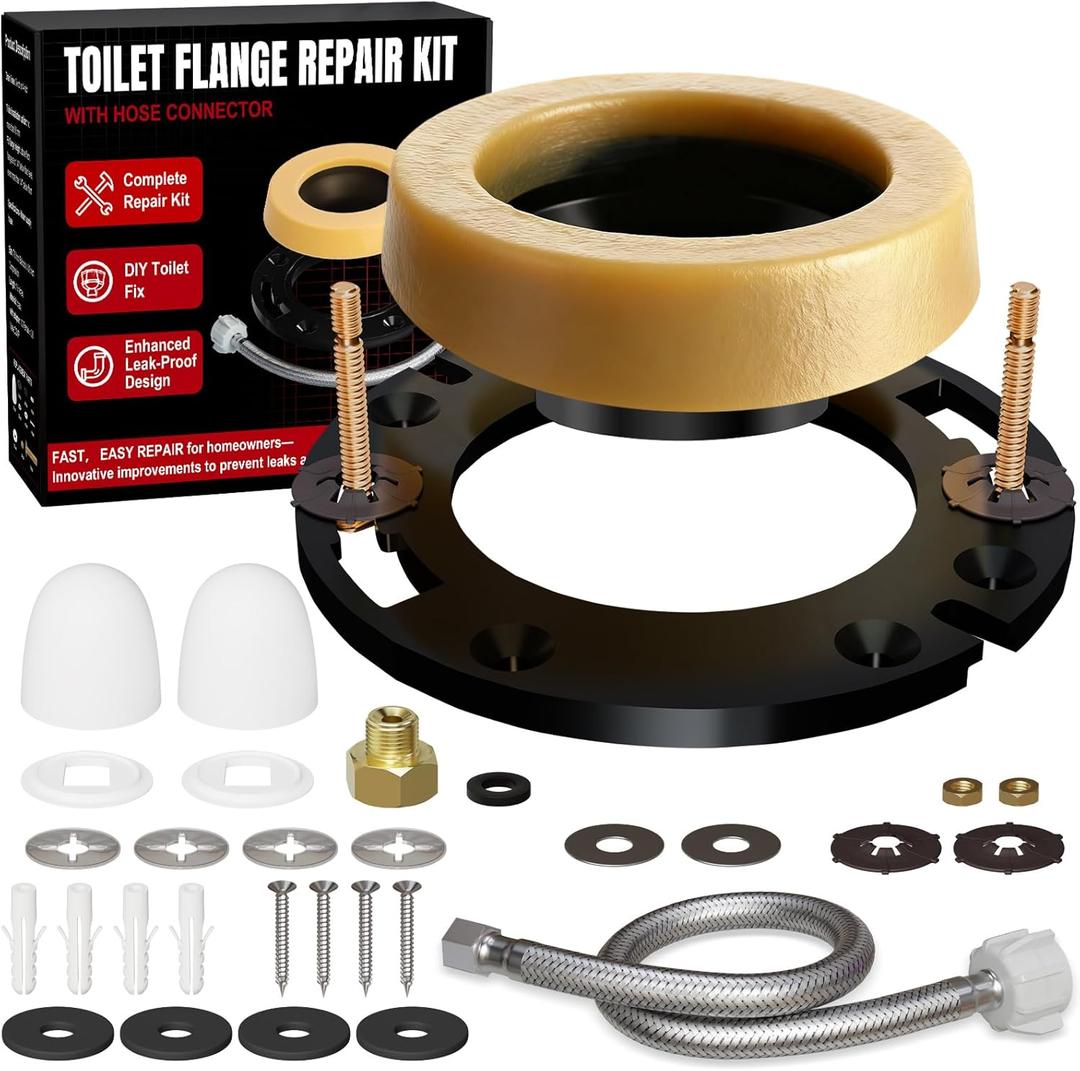 Toilet Wax Ring Replacement Kit with Flange & 16" Water Supply Line (7/8 in. Ballcock x 3/8 in. Comp)  Toilet Installation Kit, 3"/4" Drain Compatible, Toilet Flange Repair Kit