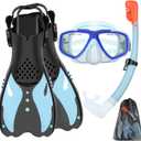 Youth Snorkel Set for Ages 7-16, Snorkeling Gear for Kids with Panoramic View Mask Anti-Fog Anti-Leak Full Dry Top Snorkel Fins Travel Bag for Swimming Diving (Small, Sea-Sky-Blue)