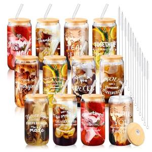 BHHQHH 12 Sets Employee Appreciation Gifts Team Thank You Gifts for Staff Coworker Inspirational and Motivational Glass Cups 16 oz Can Shaped Beer Glass with Lids Straws Brushes