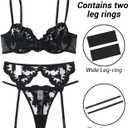Lilosy Sexy Leaf Floral Embroidered Mesh Sheer Women Underwire Push Up Lingerie Set (Black, L)
