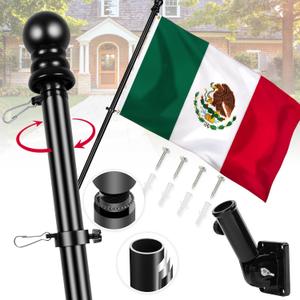 Mexico Flag with Poles for Outside House, 6ft Aluminum No Tangle Spinning Flag Pole, 180 Multi- Position Mounting Bracket, 3x5 ft Nylon Mexican Flag, Wind Resistant Rust Free Kit (Black)