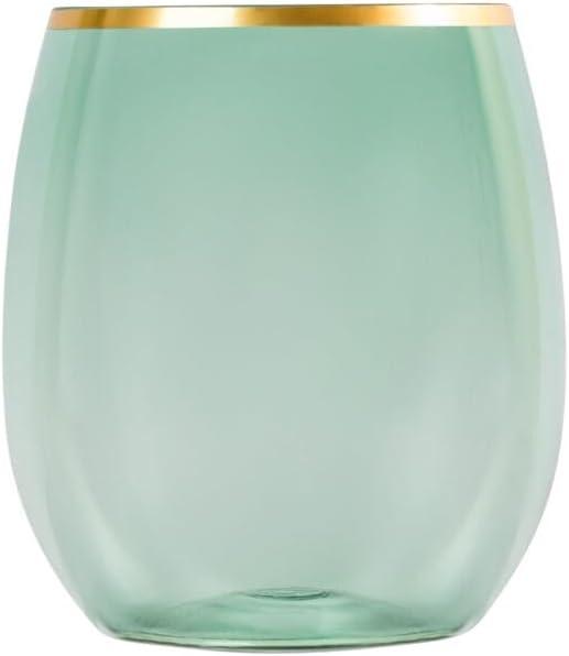 Stemless Goblets 12oz Green Gold Rim Case of 48 (8 packs x 6), Large
