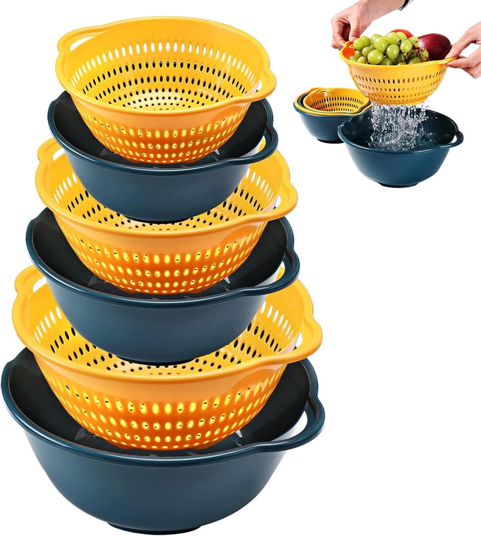 6 Pieces Colander with bowl, Food Strainer for Pasta Veggies and Fruits, BPA Free, Dishwasher Safe (blue) (large)