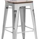 Andeworld Bar Stools Set of 4 Counter Height Stools Industrial Metal Barstools with Wooden Seats(24 Inch, Distressed White)