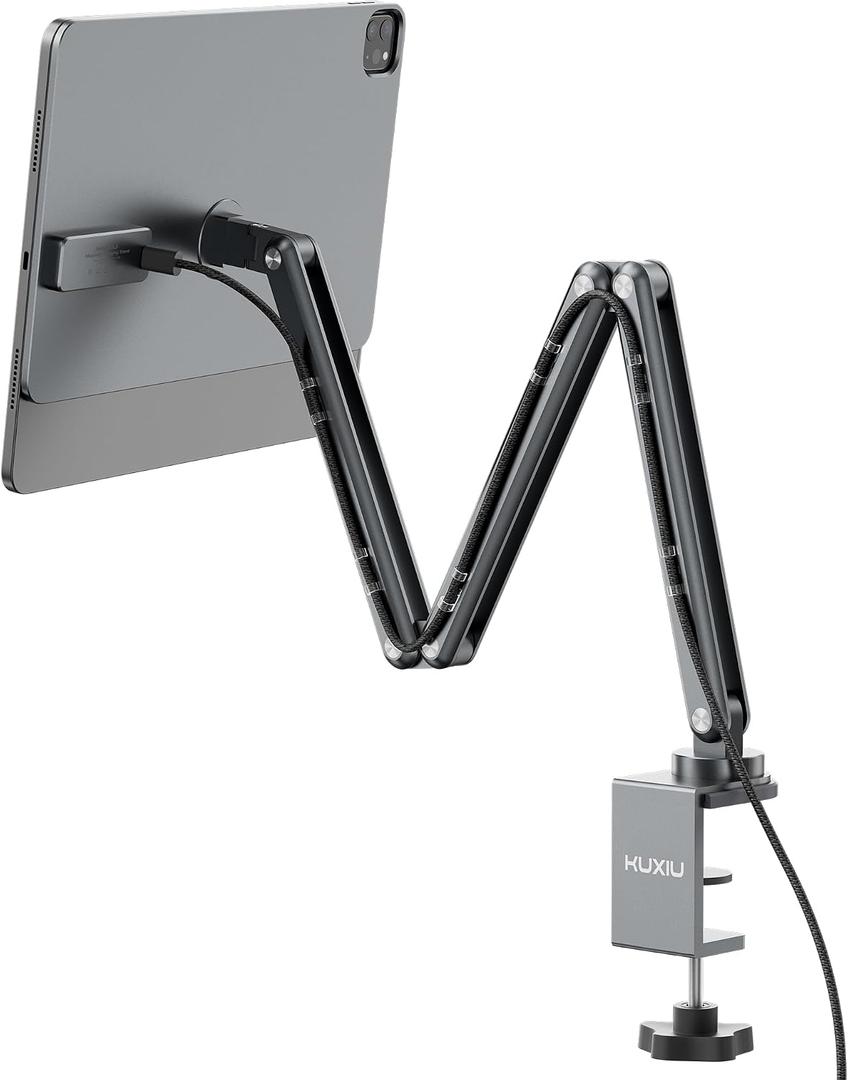 KU XIU Magnetic Wireless Charging Stand, Aluminum Alloy Arm Mount for Desk | for iPad Pro 11 (1st/2nd/3rd/4th) & iPad Air 11 (M2/M3/M4) & iPad Air 10.9 (4th/5th)ONLY, Adjustable Tablet Holder, 2M Cable