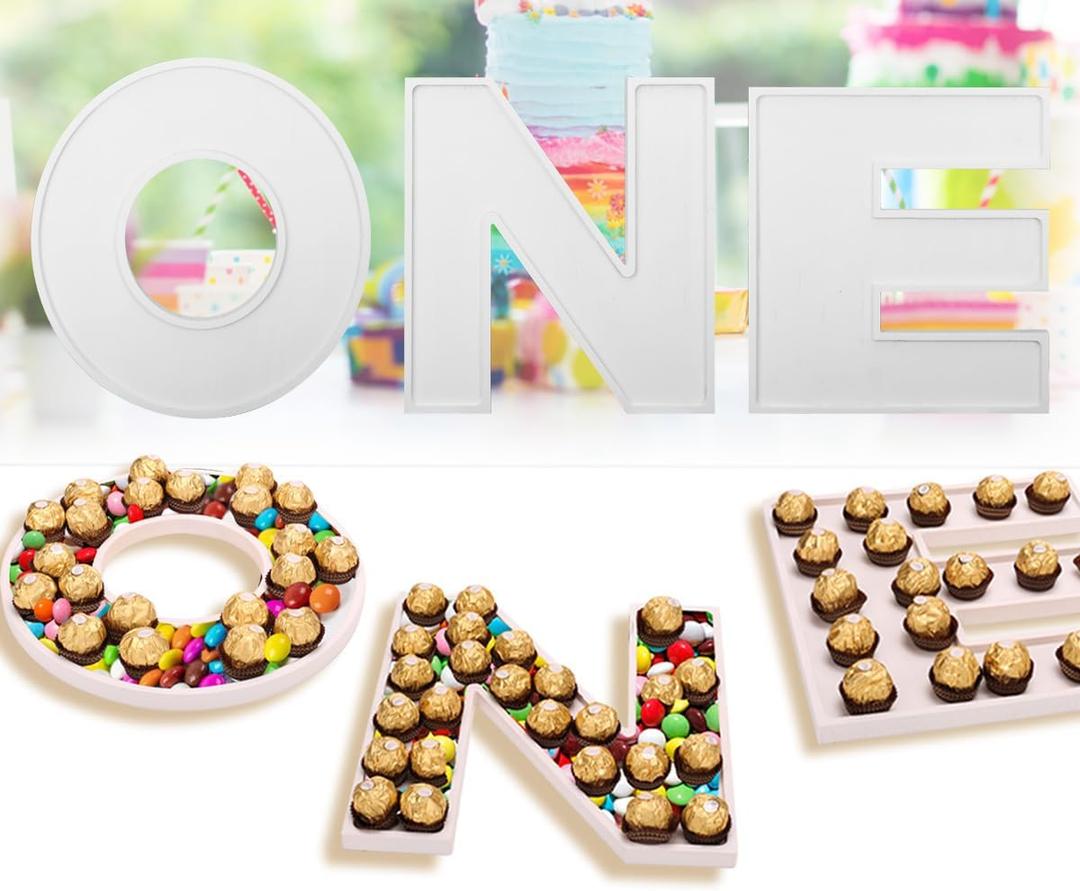 3PCS Larger Charcuterie Letter 12 ONE fillable Tray, Baby Serving Trays for Food, Wood Letter Chocolate Candy Tray for Baby Shower Party Favors (ONE- White)