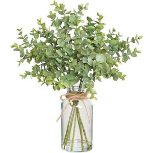 Zheart Fake Eucalyptus Stems in Glass Vase with Faux Water,14" Artificial Plants Eucalyptus Leaves for Shelf Desk Bathroom Farmhouse Room Coffee Table Home Decor (Sage Green)