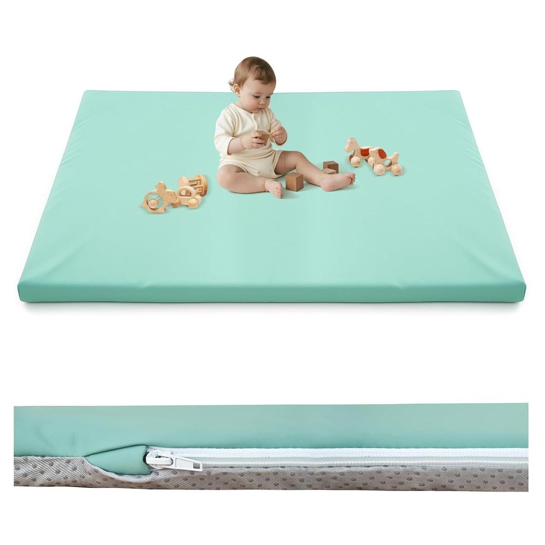 Inaya Baby Play Mat Vegan Leather 50x50, Waterproof - Wipeable, Soft and Thick Foam Cushioned Floor Mat for Babies and Toddlers, Ideal for Crawling, Tummy Time, Playpen & Diaper Change, Stylish Green