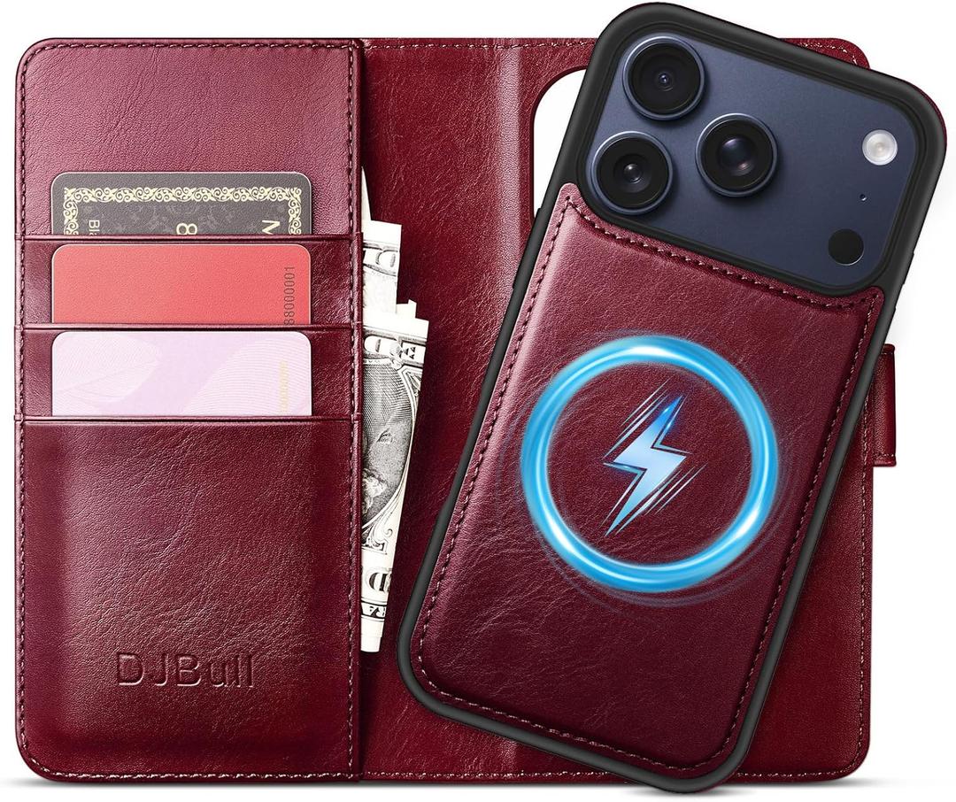 DJBull 2-in-1 Detachable Wallet Case for iPhone 17 Pro Max 6.9" RFID Blocking Flip Folio with Card Holder | PU Leather Shockproof Protective Cover Women Men for Apple 17 Pro Max Phone Case Wine Red
