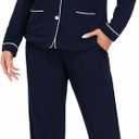 MoFiz Womens Pajamas Set 2 Piece Button Down Pjs Soft Long Sleeve Top and Pants Sleepwear Set V Neck Drawstring Elastic Waist Lounge Sets Navy M
