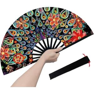 Boots on The Ground Fan, Large Folding Hand Fan for Women and Men, Popping Fans for Line Dancing for Raves, EDM, Dance Party, and Home Decoration (Blossom and Peacock)