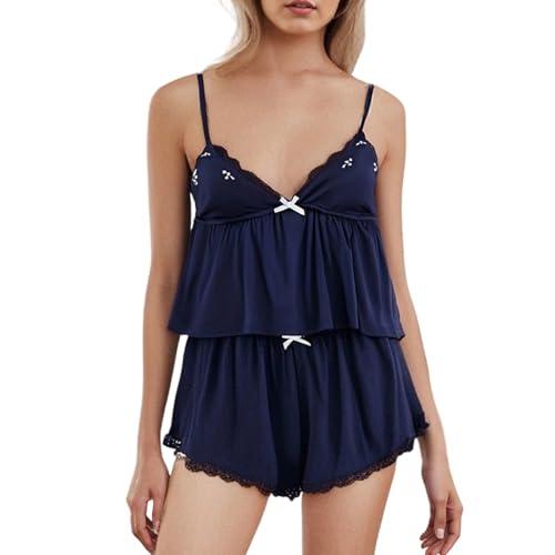 Lace Trim Pajama Sets for Women 2 Piece Flowers Embroidery Cami Tank Top and Shorts Pj Set Y2k Matching Lounge Sleepwear (Navy Blue, M)
