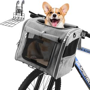 Xixter Dog Basket for Bike, Suitable for Small & Medium Pet Up to 10 kg, Foldable 4-in-1 Pet Bike Basket, Crossbody, Shoulder and Car Seat, with Sturdy Bracket and 4 Mesh Windows, Gray