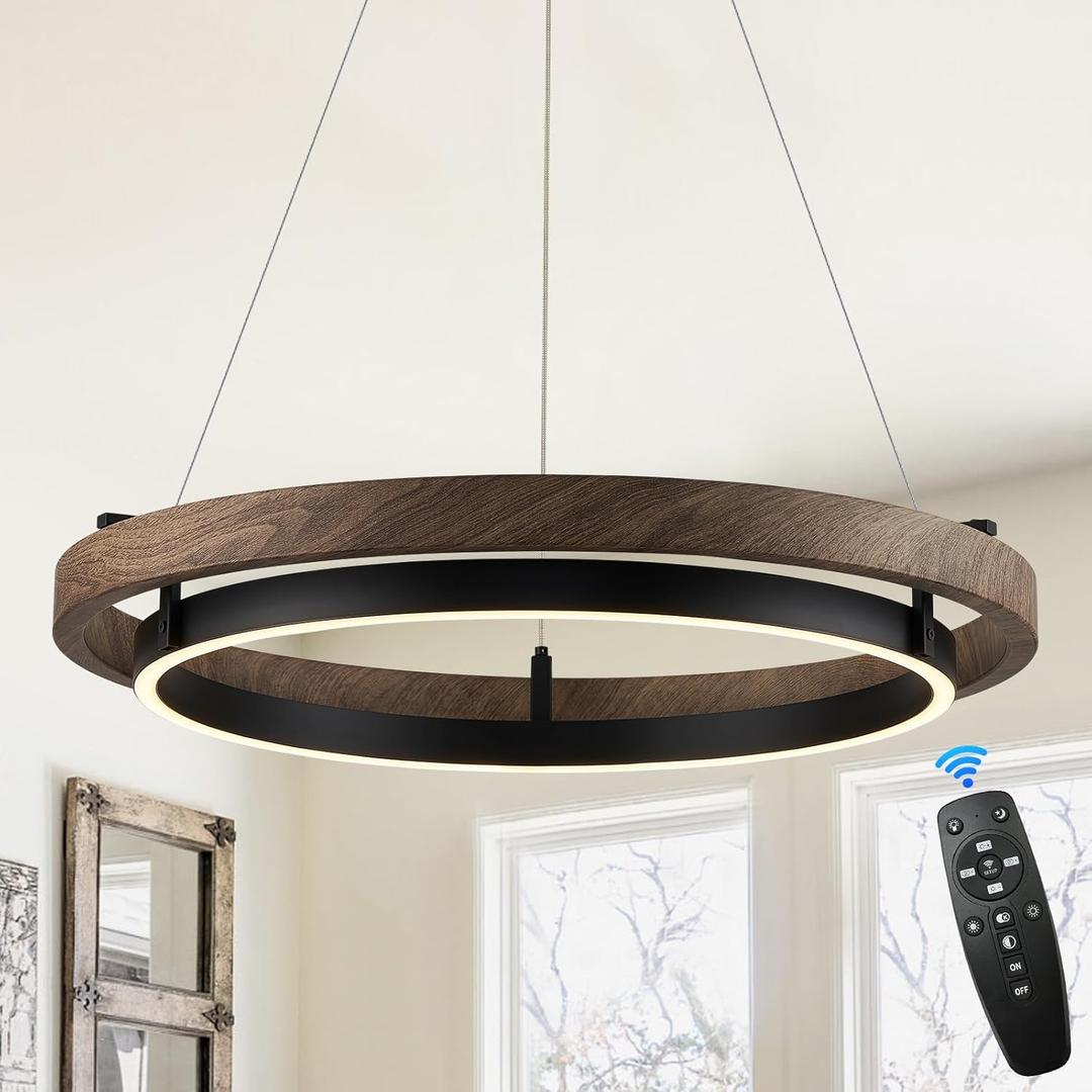 LED Ring Chandelier Dimmable Black Chandelier Round Foyer Chandeliers Light Walnut Wood Black Circular Chandeliers for Dining Room Entry Bedroom Office Living Room, 24in