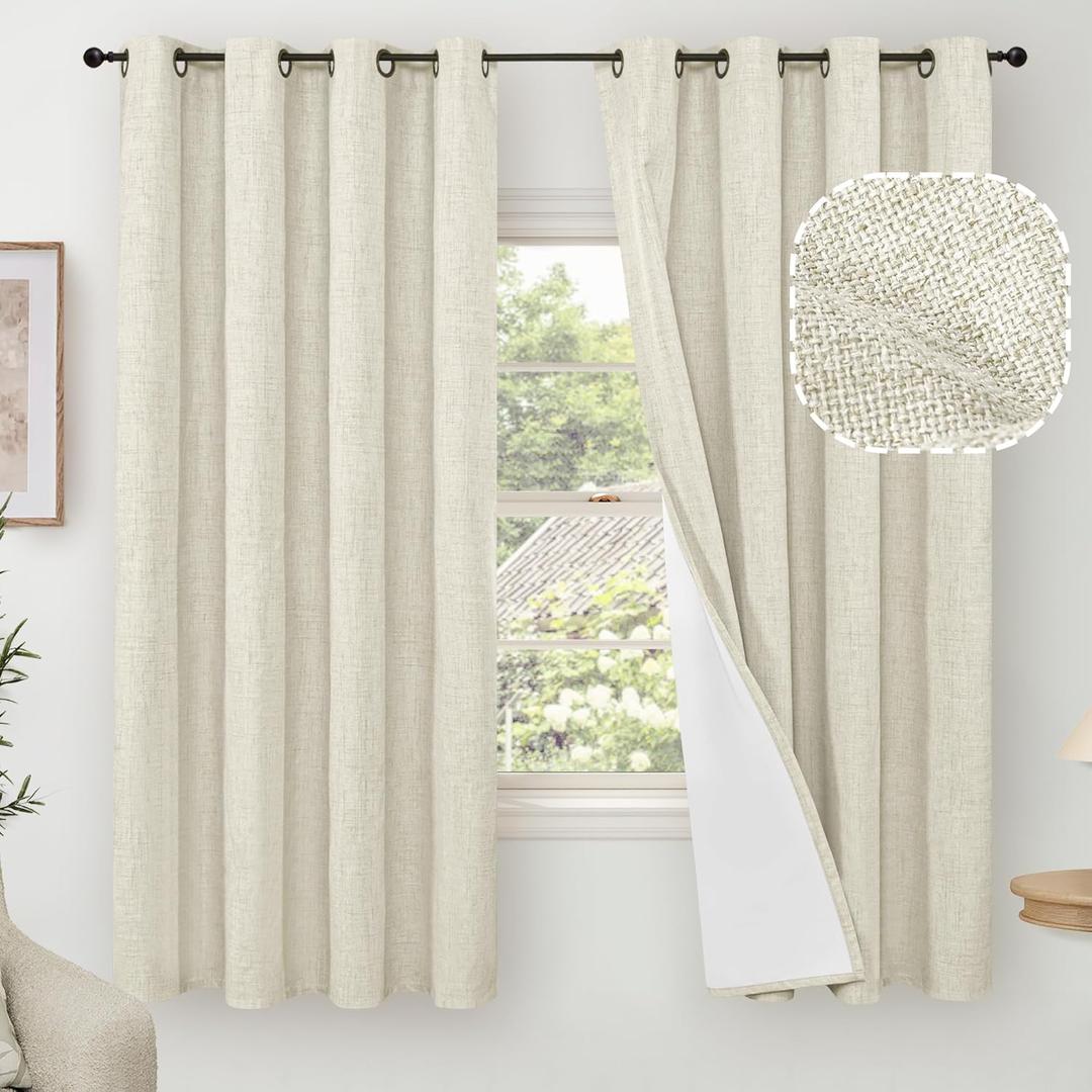 Lajode 100% Blackout Curtains for Bedroom 63 Inch Length 2 Panels, Thermal Insulated Complete Light Blocking Noise Reducing Linen Window Curtains for Nursery, Bronze Grommet, Each 52" Wide, Natural