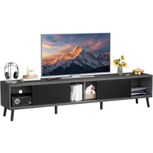 Clikuutory Mid Century Modern 70 Inch TV Stand with Two Large Storage Space for 50 55 60 65 70 75 80 Inch TVs, TV Console with Two Sliding Door, Entertainment Center for Bedroom, Grey
