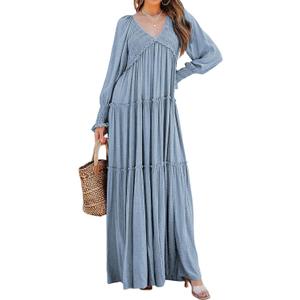 R. Vivimos Maxi Dress for Women Long Sleeve V Neck Empire Waist Layered Ruffle Boho Casual Flowy Long Dresses (Haze Blue) XL