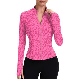ZHENWEI Workout Jackets for Women Full Zip Up Cropped Athletic Long Sleeve Lightweight Slim Fit Running Tops with Pockets (Pink, XL)
