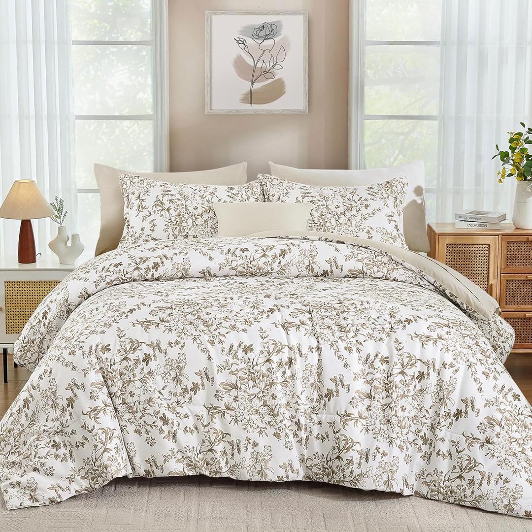 WONGS BEDDING Comforter Set Queen Size, 8 Pieces Brown Floral Botanical Comforter Sets, Bed in a Bag Soft Lightweight Microfiber Bedding Sets for All Seasons (90"x90")