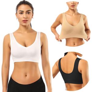 BESTENA Sports Bras for Women, Seamless Comfortable Yoga Bra with Removable Pads (Large, 03-3 Pack Black Nude White)