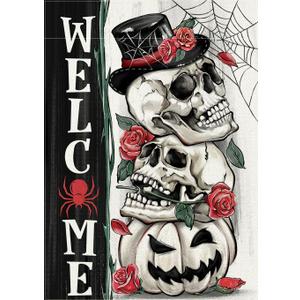 Welcome Halloween Gothic Skull Decorative Garden Flag, Spooky Jack O Lantern Pumpkin Skeleton Yard Outside Decorations, Rose Flower Spider Web Outdoor Small Home Decor Double Sided 12 x 18