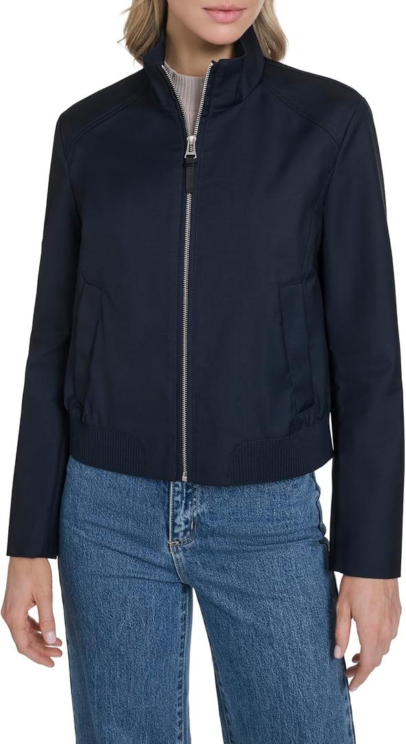 Cole Haan Women's Pin Stripe Rain Bomber Jacket, Navy, X-Small