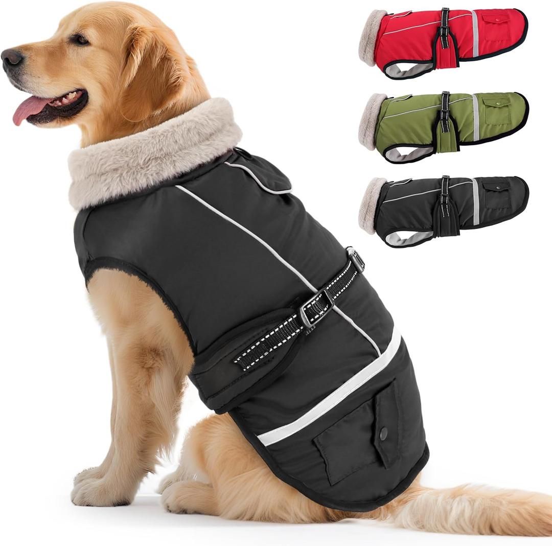 Dog Coat, Warm Dog Winter Coat Reflective Jacket Waterproof Fleece Vest, Pet Jacket Cozy for Cold Weather, Dogs Snowsuit Windproof, Adjustable Buckle for Large Dogs (Black)