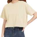 CharmWM Girls Summer Crop Tops Kids Fashion Oversized Crew Neck Cropped Short Sleeve T Shirts Basic Tees Size 11-12 Years (Beige)