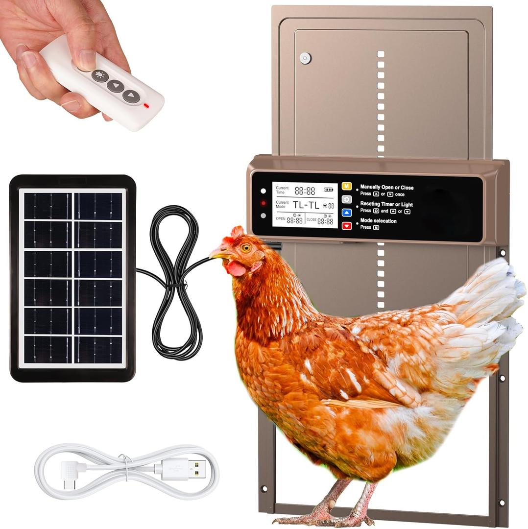 Automatic Chicken Coop Door Solar Powered, LCD Display Automatic Chicken Door with Timer & Light Sensor, Aluminum Alloy Chicken Door with Remote Control & 4 Modes (Brown)