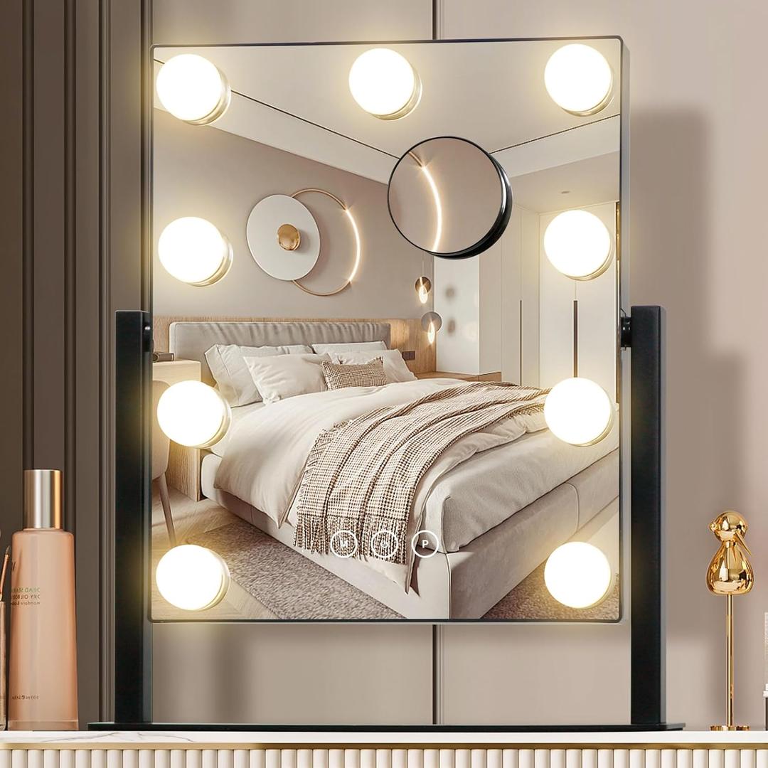 NUSVAN Vanity Mirror with Lights,Makeup Mirror with Lights with 9 Dimmable LED Bulbs, 3 Color Lighting Modes Detachable 10X Magnification Mirror Touch Control,360° Rotation (Black)