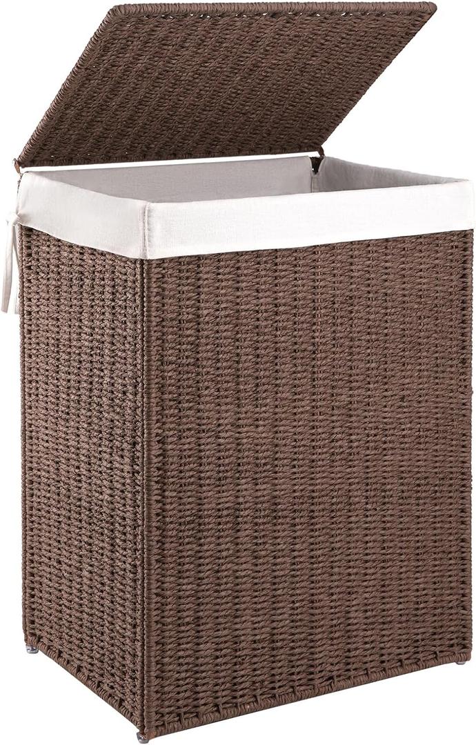 OIAHOMY Laundry Hamper with Lid, 23.8 Gal (90L) Wicker Hamper with Removable Liner Bags, Handwoven Clothes Basket with Handles, Foldable Woven Paper Rope Basket for Laundry Room, Bedroom-Brown