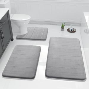Yimobra 3 Pieces Memory Foam Bath Mat Set with U-Shaped Toilet Rug - Non Slip Super Soft Absorbent Quick Dry Bathroom Rugs for Bathtub, Vanity & Toilet Base, Gray (44''x24'' + 31.5''x20'' + 24''x20'', Grey)