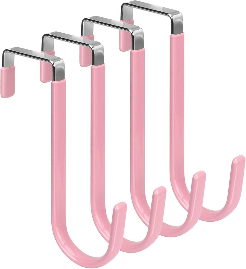 FYY Over The Door Hooks, 4 Pack Door Hangers Hooks with Rubber Prevent Scratches Heavy Duty Organizer Hooks for Living Room, Bathroom, Bedroom Hanging Clothes, Towels, Hats, Coats, Bags Pink (Short)
