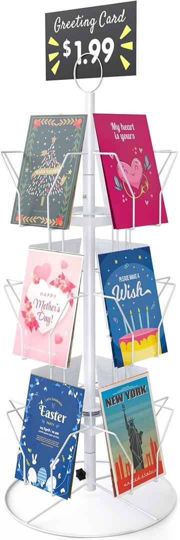 Greeting Card Display Stand Rotating Rack Holder, for Postcard Sticker Retail, Metal White