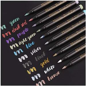 Dyvicl Metallic Brush Marker Pens - Metallic Pens Art Markers for Calligraphy, Brush Lettering, Black Paper, Rock Painting, Card Making, Scrapbooking, Fabric, Metal, Ceramic, Wine Glass, Set of 10