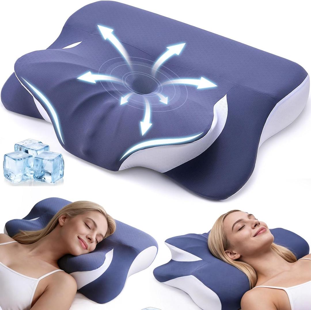 Cervical Neck Pillow for Back Side Sleepers, Memory Foam Double-Side Ergonomic Contoured Pillows with Cooling Pillowcase, Mellow Sleep Pillows for Sleeping, Pillow for Neck and Shoulder