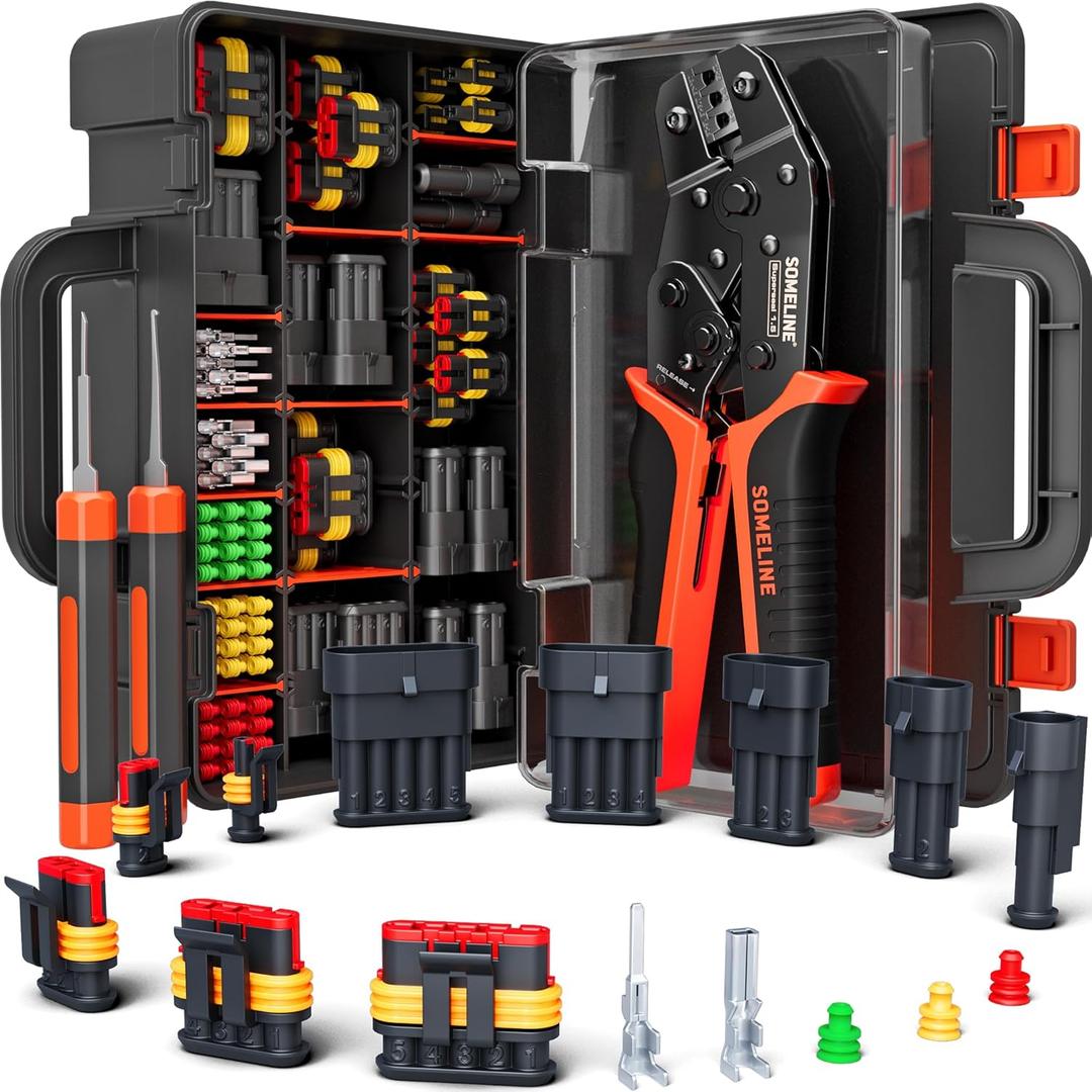 SOMELINE Waterproof Automotive Connector Crimping Tool Kit, 1/2/3/4/5 Pin Waterproof Wire Connectors, with 22-14 AWG Ratchet Crimping Tool and Terminal Removal Tool, for Car/Motorcycle/Boat