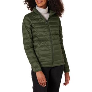 Amazon Essentials Women's Lightweight Long-Sleeve Water-Resistant Packable Puffer Jacket  (Medium, Dark Olive)