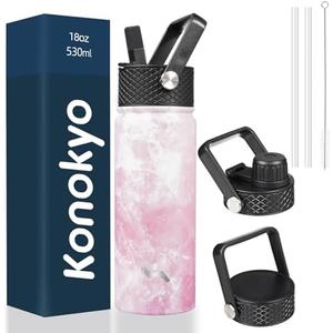 Konokyo 18 oz Insulated Water Bottle Stainless Steel Sport Bottles with 3 Lids,Marble Blossom