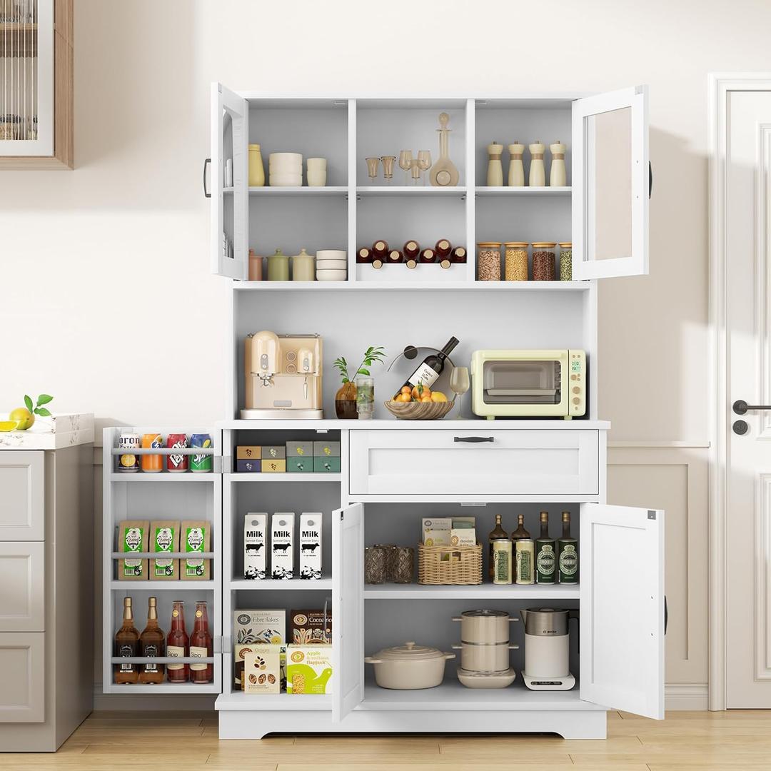 Shintenchi Kitchen Pantry Storage Cabinet, Freestanding Buffet Cabinet with Microwave Stand & 4 Door Shelves, Kitchen Hutch with Doors, Adjustable Shelves and Wine Rack, White