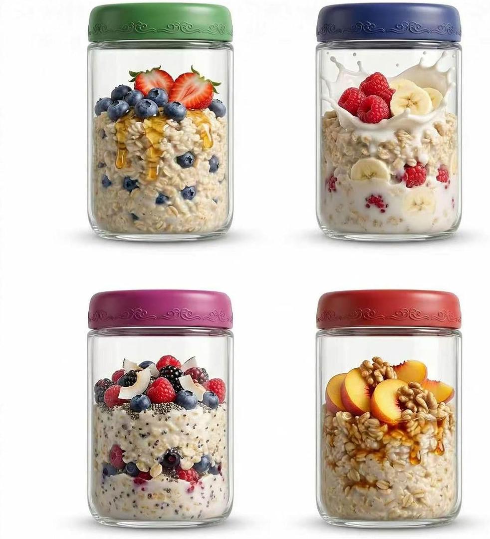 18 OZ 4Pack, Overnight Oats Jars with Lids, Glass Meal Prep Containers, Airtight Mason Jars for Breakfast, Yogurt Parfait, Salad & Smoothies, Leakproof and Reusable Food Storage Jars