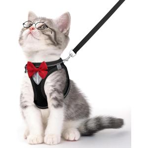 Cat Vest Harness and Leash Set for Walking Escape Proof, Adjustable Kitten Harness Breathable Mesh with Reflective Strips Harness for Kitty Puppy Bunny (Black,S)