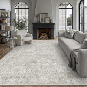 9x12 Grey Area Rug for Living Room Bedroom Neutral Floral Soft Non Slip Rug Low Pile Distressed Large Carpet for Dining Room Nursery Office Indoor