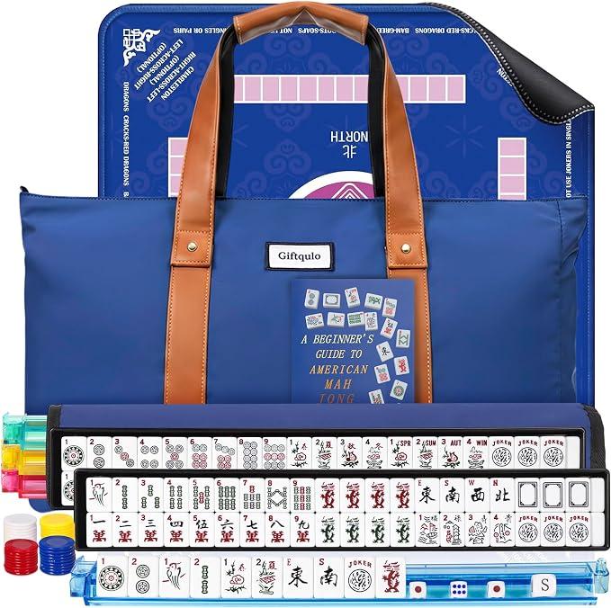 American Mahjong Game Set with Mat and Racks, Mahjong Tiles Set Include 166 White Tiles, Mahjong Mat, 4 All-in-One Rack/Pushers, Blue Bag and Mahjong Accessories, Mahjong Set Complete