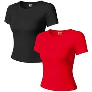 OQQ Women Short Sleeve 2 Piece T-Shirts Crew Neck Fitted Basic Tee 2025 Summer Crop Top Black Red, S
