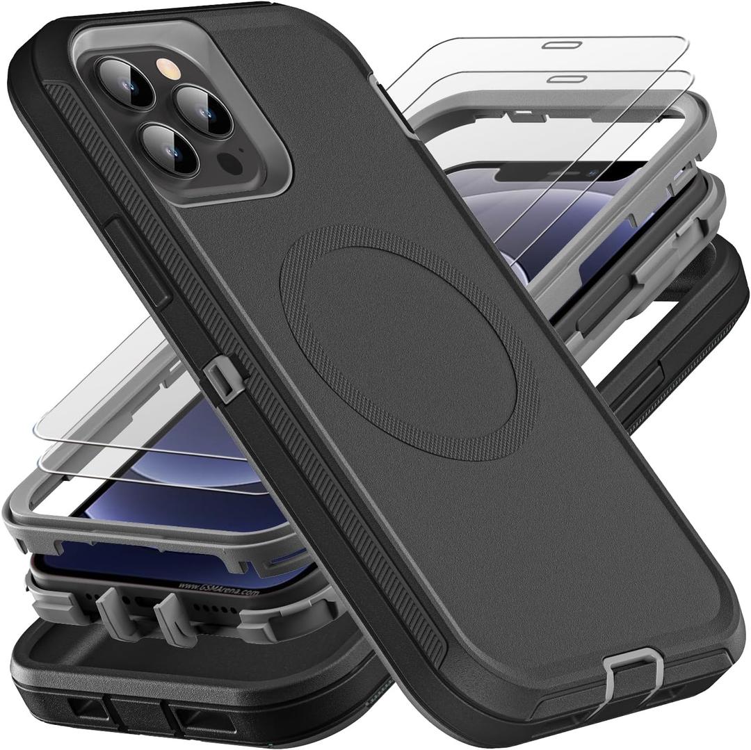 for iPhone 12/12 Pro Case, Compatible with Magsafe, Military Grade 3 in 1 Heavy Duty Shockproof/Drop Proof/Dust Proof with 2Pcs Tempered Glass Screen Protector (New-Black/Grey)