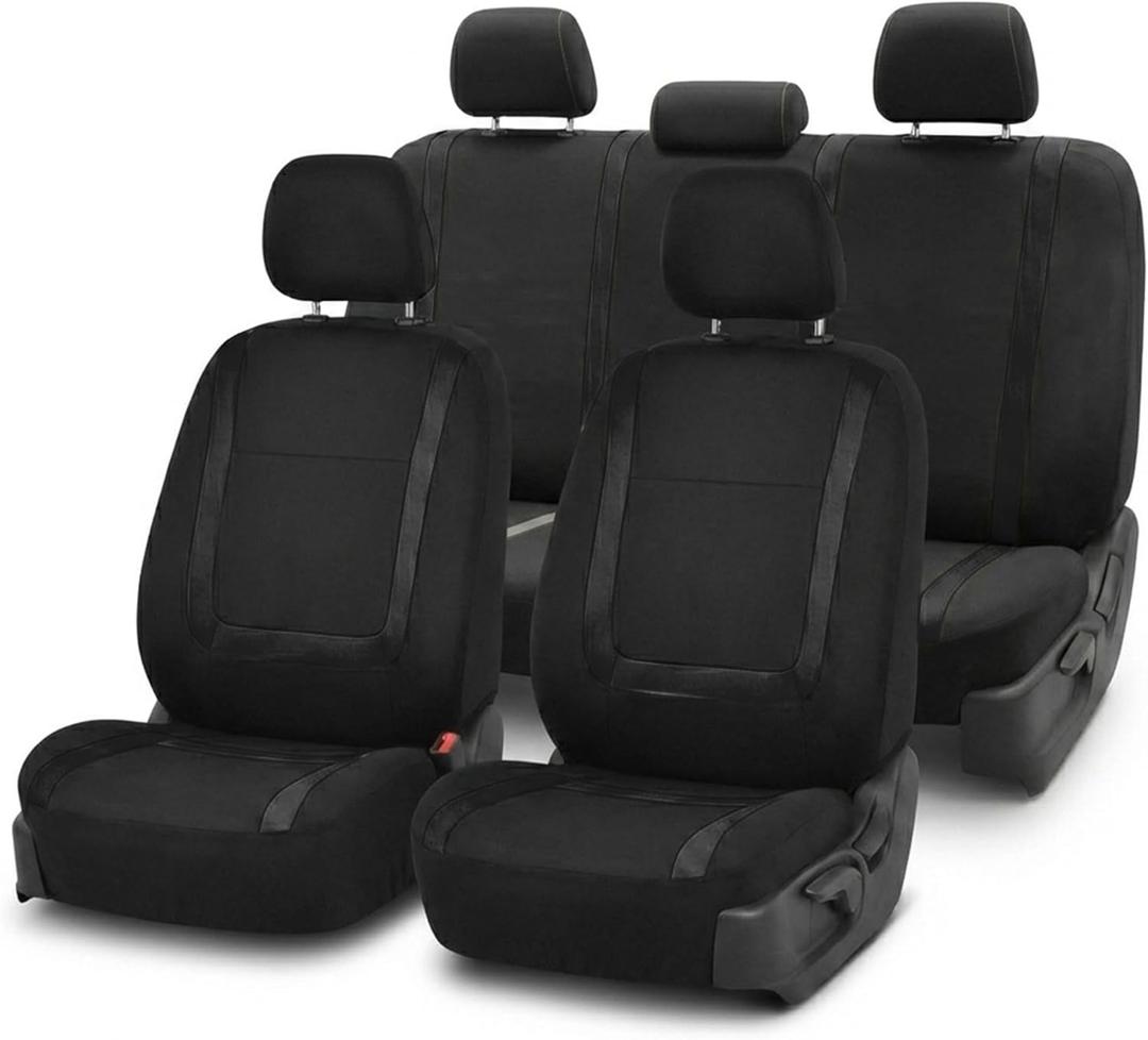 FH Group Car Seat Covers Unique Flat Cloth Full Set Automotive Seat Covers Front Set and Rear Solid Bench Black Seat Covers w. Gift Universal Fit Interior Accessories for Cars Trucks and SUVs