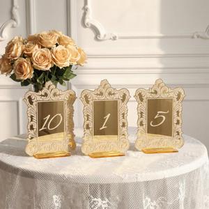 AceOrbit 10 Pcs Baroque Lace Border Wedding Table Numbers Set 1-10 Gold Mirror Acrylic Table Numbers 5" x 7" Gold Font Centerpiece Set with Holder Stands for Anniversary, Event, Party, Wedding