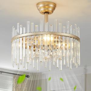 20" Gold Crystal Fandelier Ceiling Fan with Light, Gold Crystal Chandelier Ceiling Fan with Light Remote Control, 6 Speeds for Bedroom, Nursery, Living Room